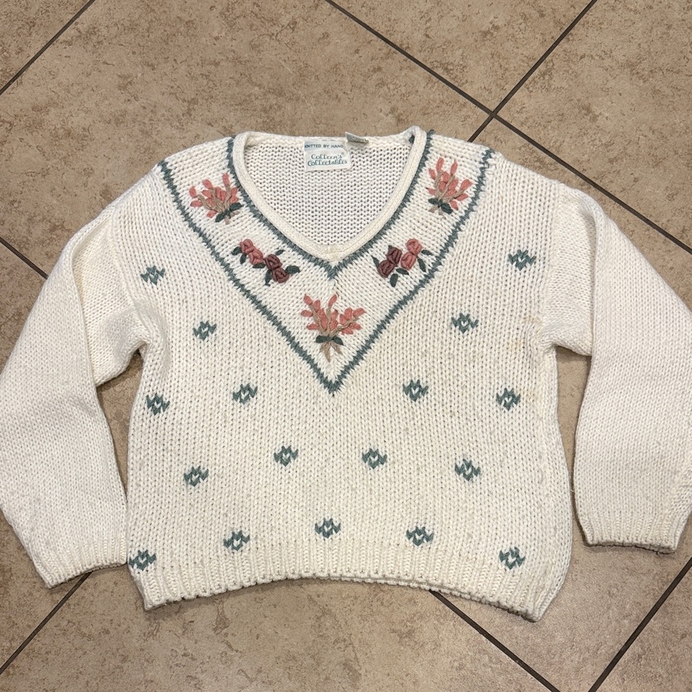 Colleen’s Collectables Cream V-Neck Knitted Sweater with Floral Accents